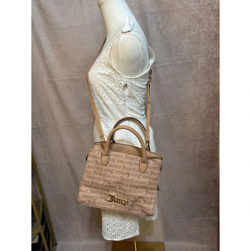 Juicy Couture Monogram Satchel Bag Tan Beige Crossbody‎ Logo Handbag Gold Tone